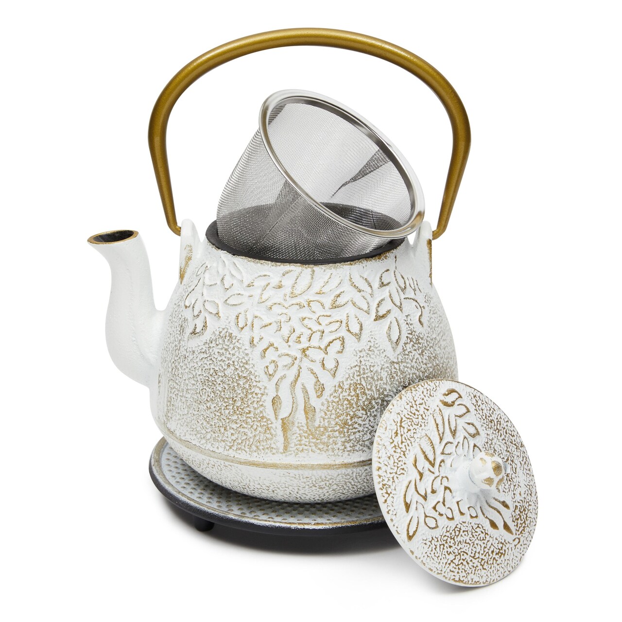 32 oz White and Gold Japanese Cast Iron Teapot Set, Decorative Loose Leaf Tetsubin with Handle, Infuser, Trivet (900 ml)